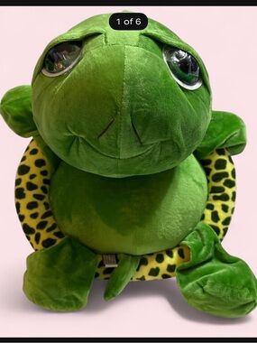 Nico Bright Green Plush Turtle Pet Pillow with Yellow Leopard Trim& big sad eyes